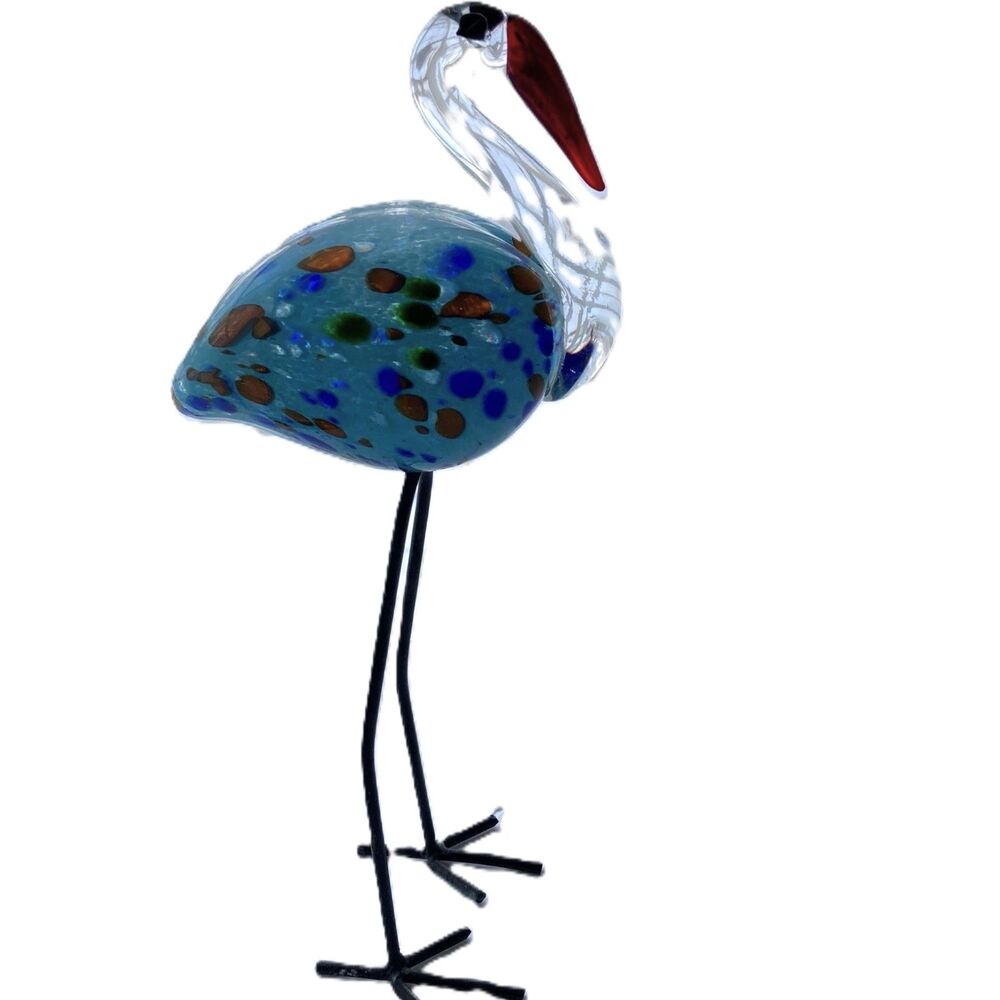 Vintage 1980s Murano Style Glass Tall Stork on Metal Legs 13 inches Tall
